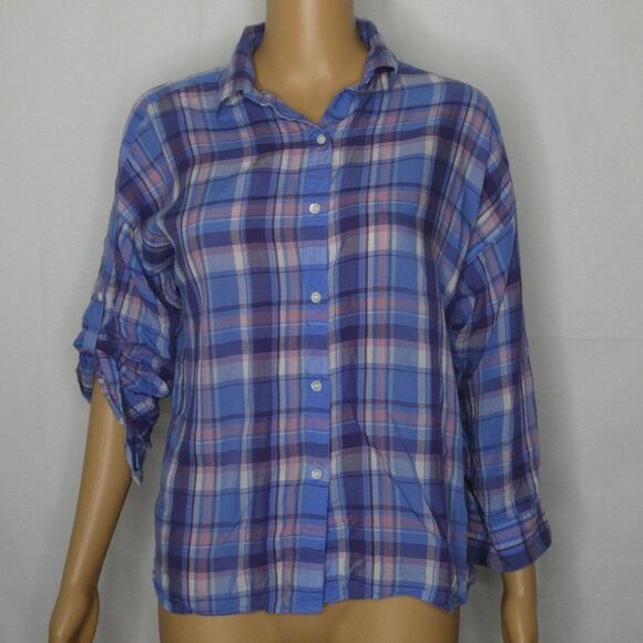 Black by Moussy Plaid Button Up Tab Sleeve Shirt Blue Pink Lighyweight - Picture 1 of 9